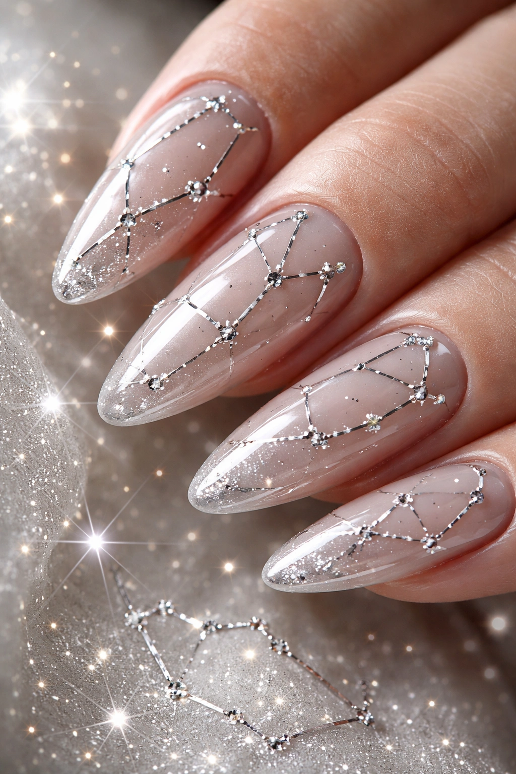 Nails with delicate chrome constellation line work forming star patterns