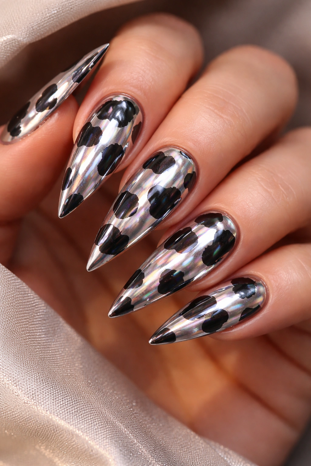 Close-up of chrome and cow print hybrid stiletto nails with reflective finish