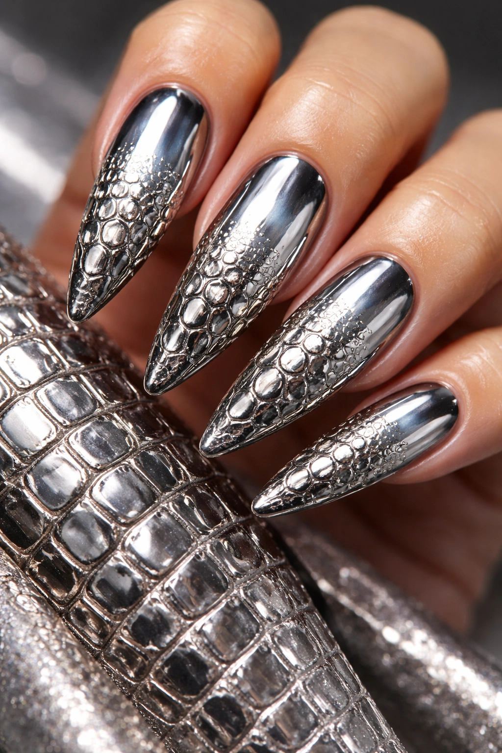 Chrome crocodile texture nails with metallic base and scale overlay