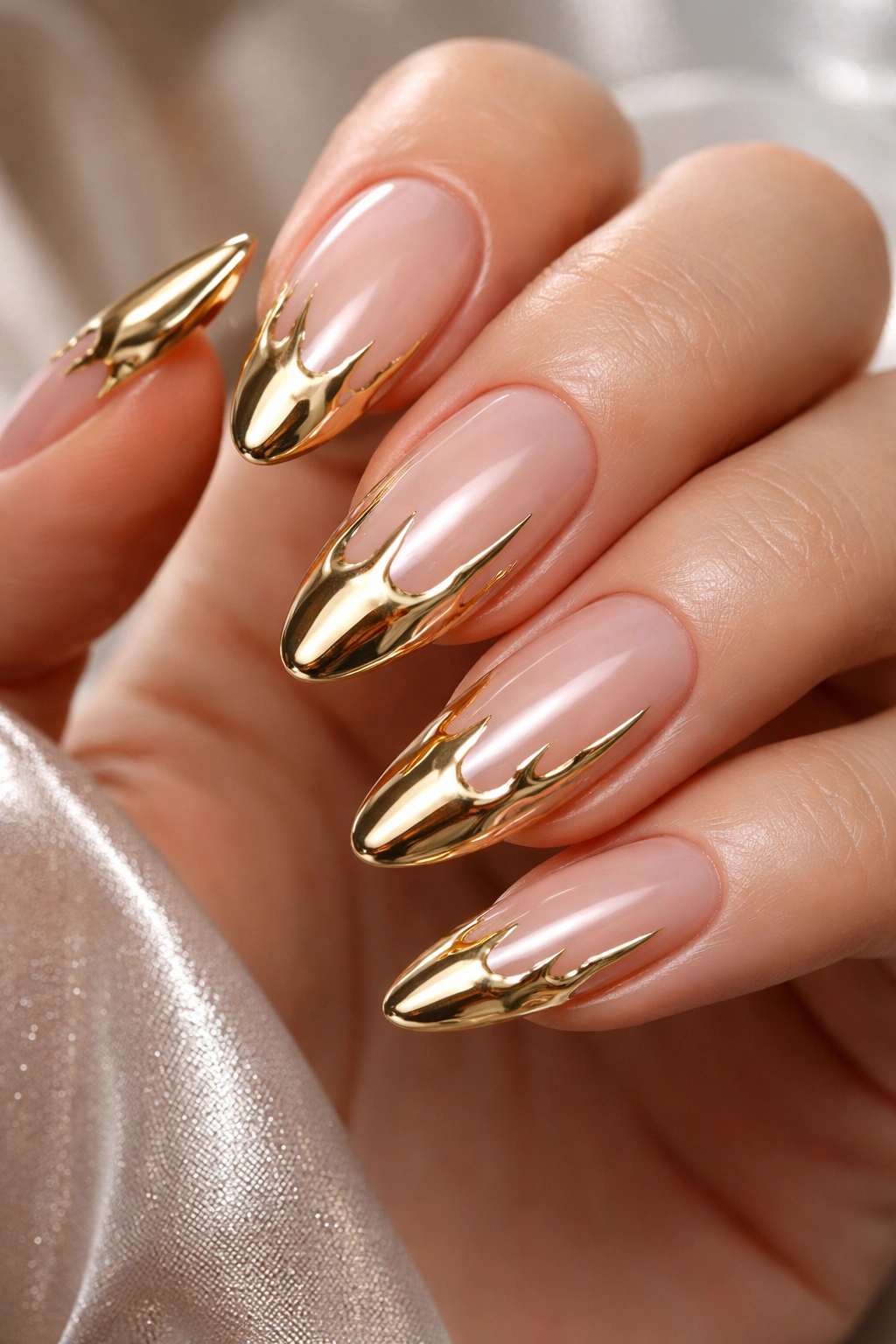 Nails with gold chrome drip from the tips
