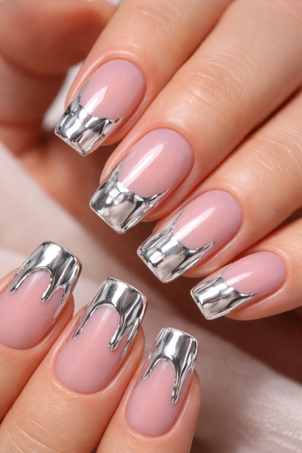 Chrome drip on ombré coffin nails with reflective metallic drips