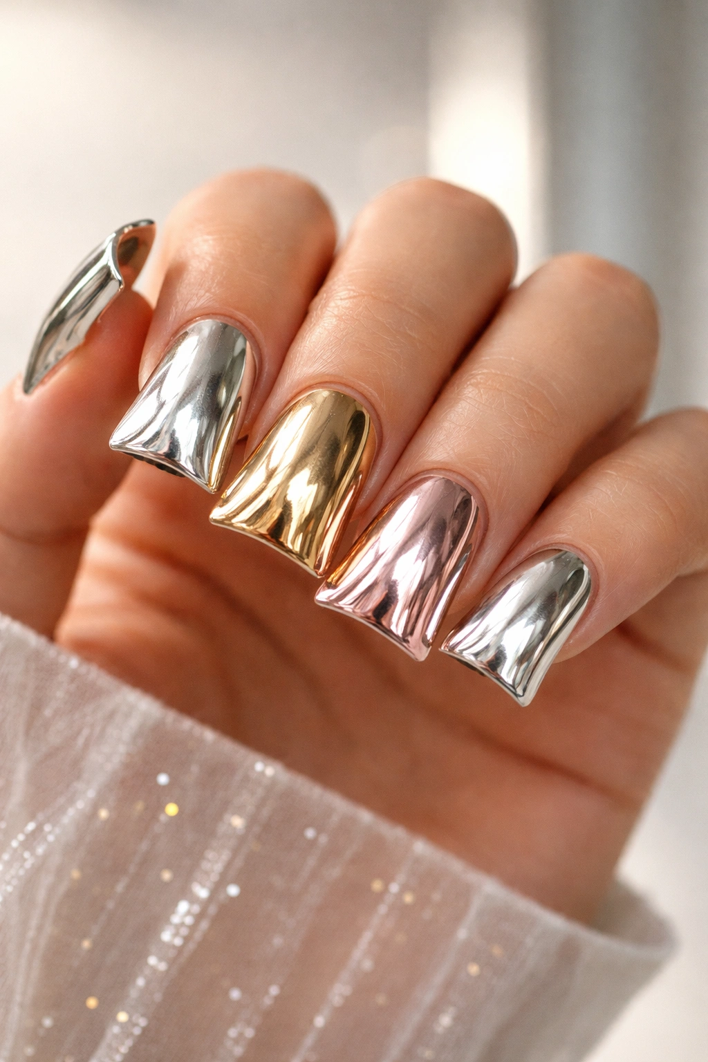 Duck nails with a highly reflective chrome metallic finish on curved tips.