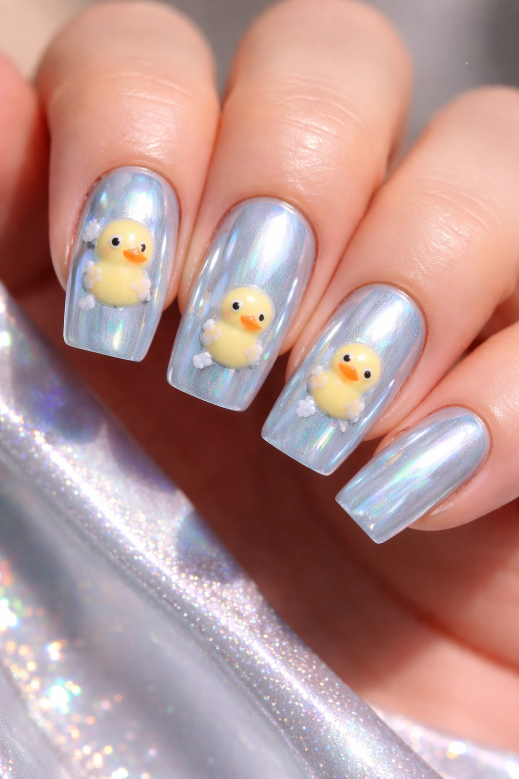 Nails with chrome blue base and reflective duck silhouettes.