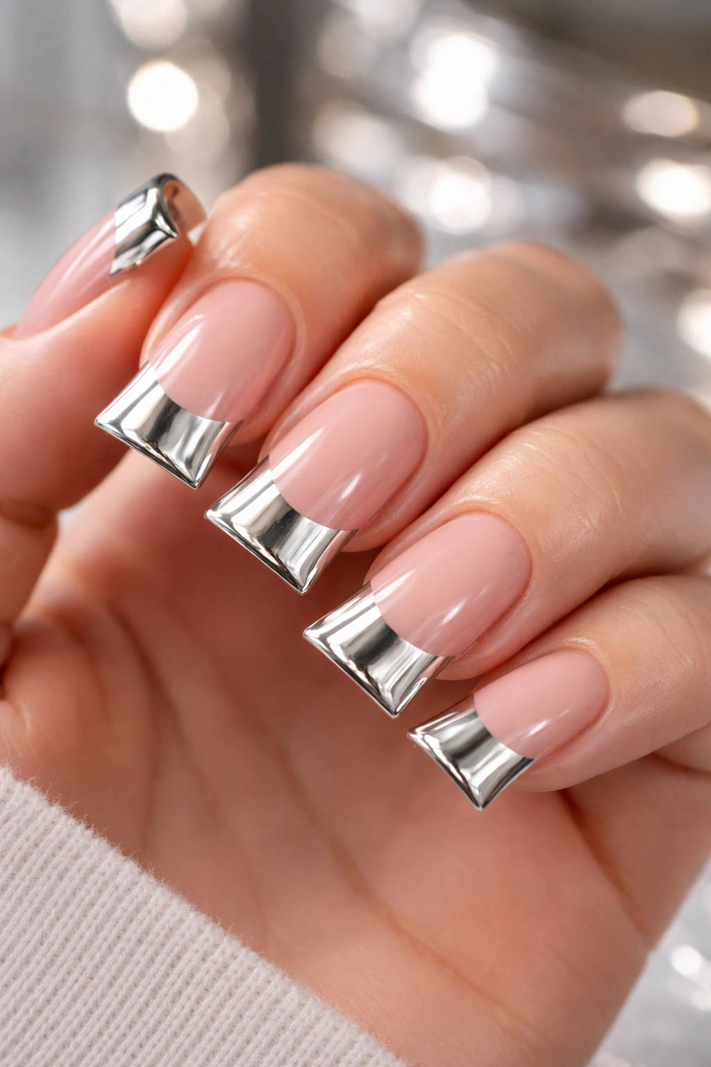 Close-up of short nails with chrome duck tips on neutral base