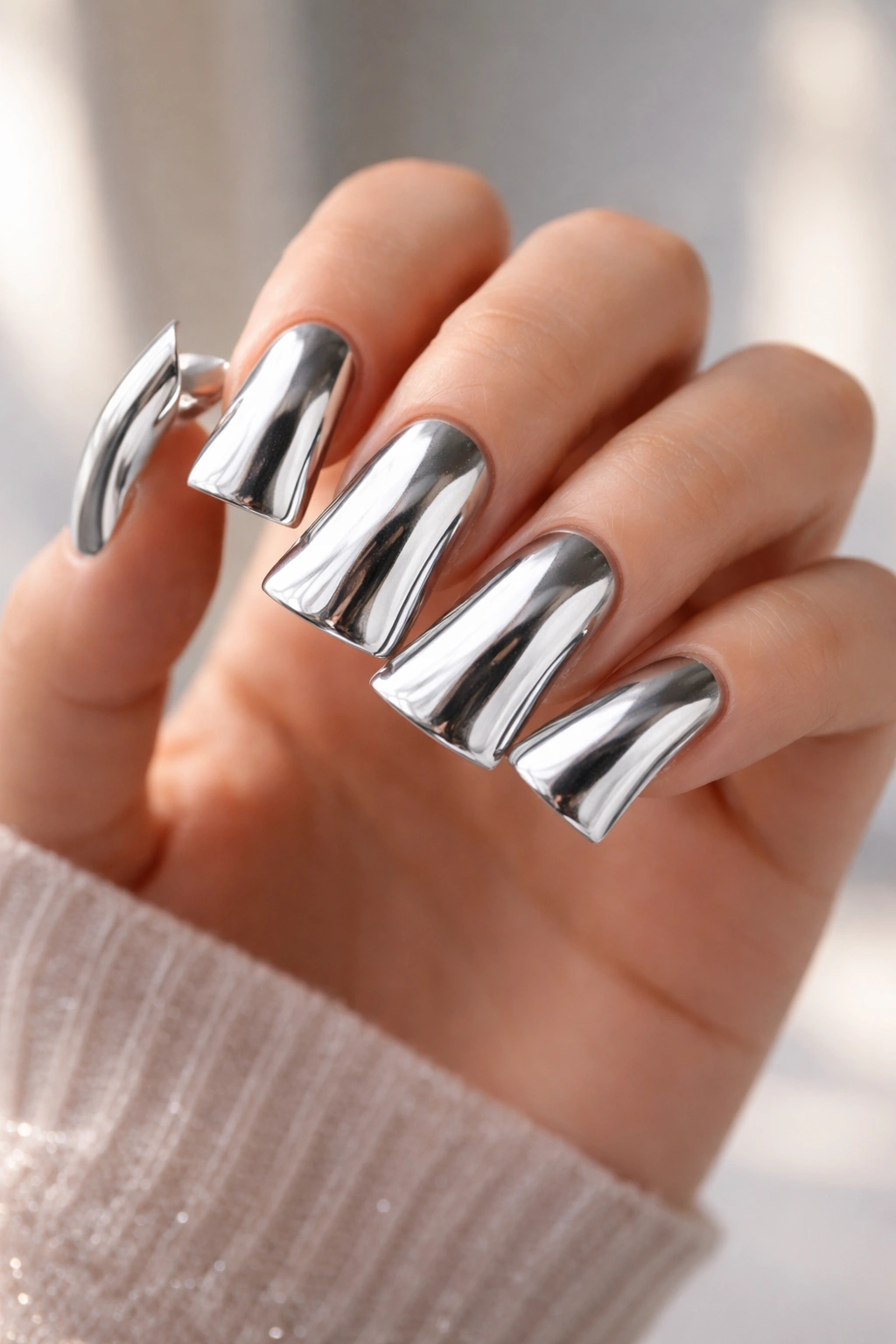 Chrome duck nails with mirror finish on gel extensions