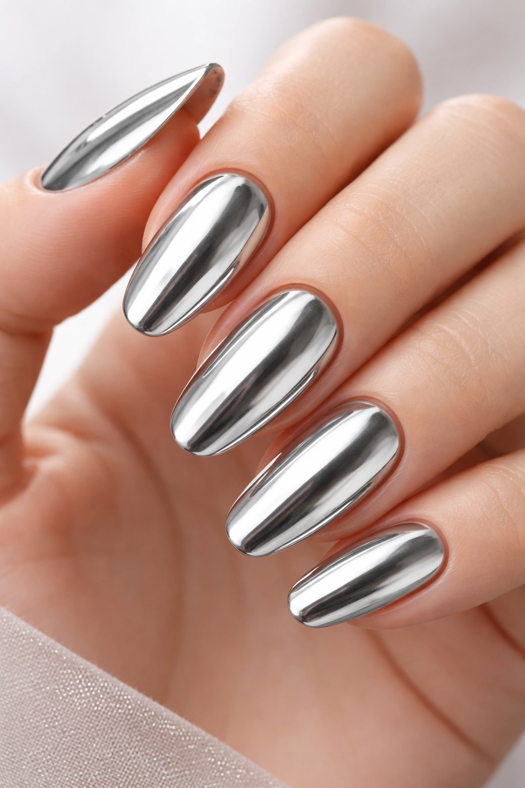 Hand with perfect chrome nails over neutral background