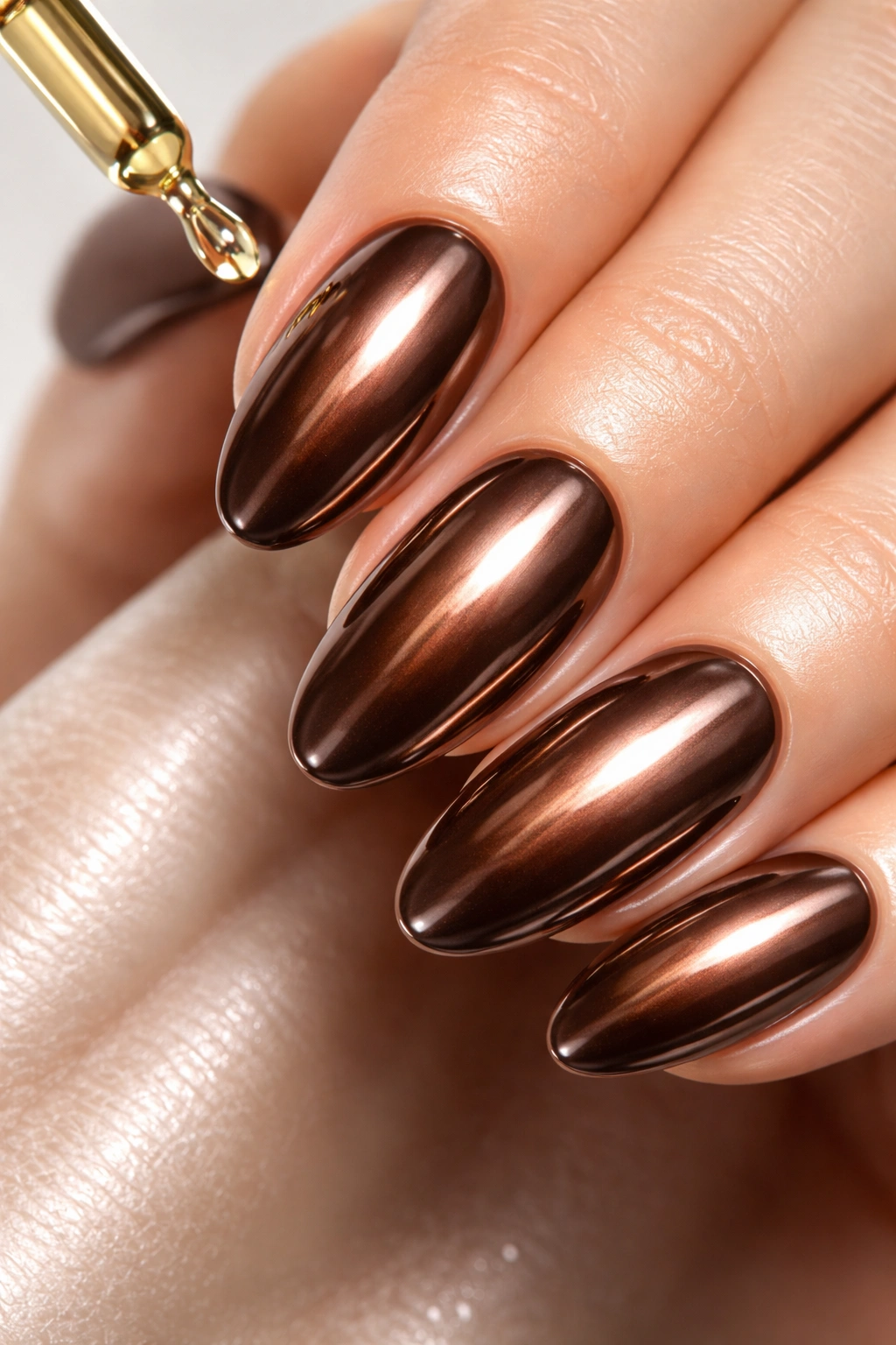 Close-up of brown chrome nails with a reflective finish under studio lighting on a neutral backdrop