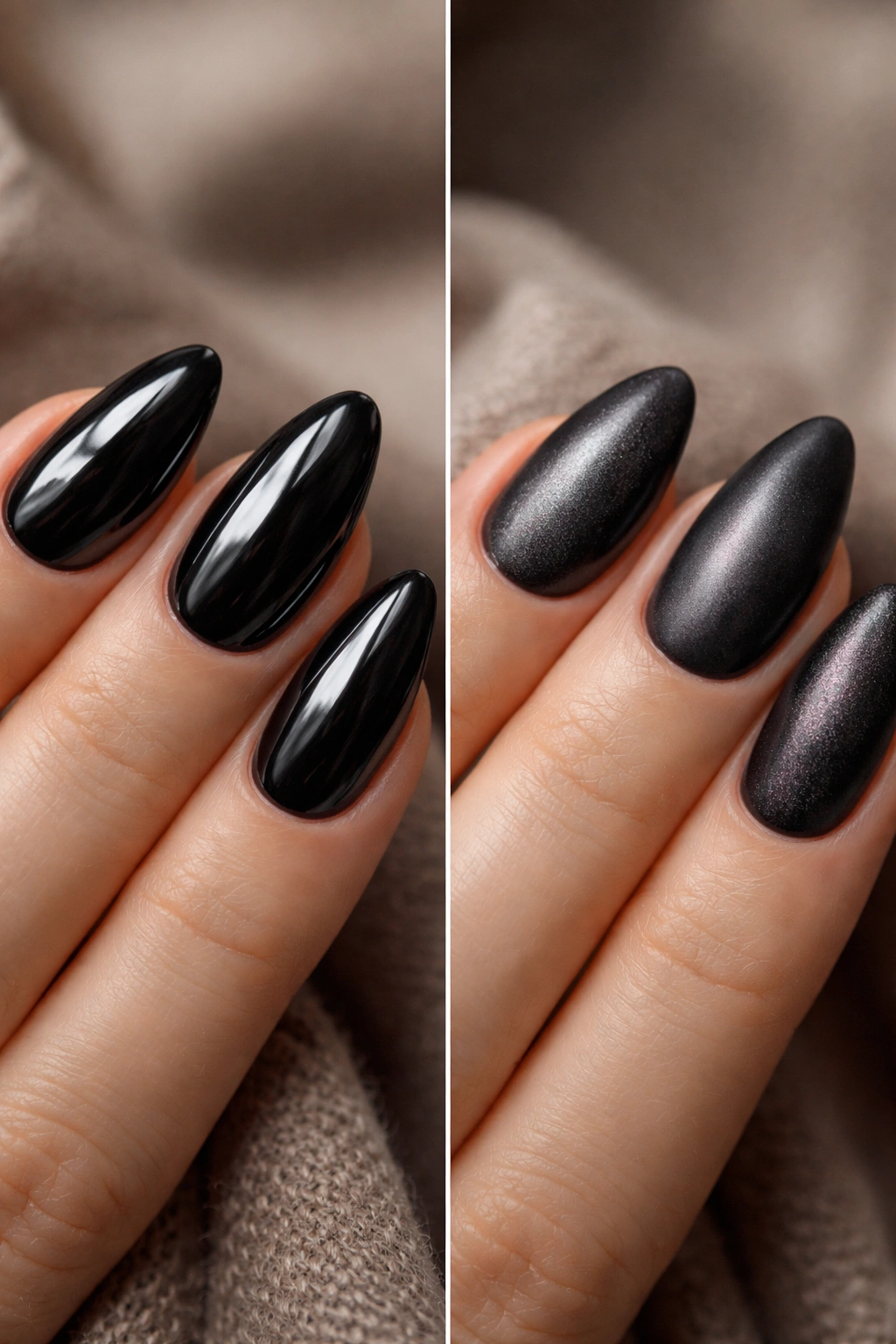 Close-up of short almond nails with two different black chrome finishes