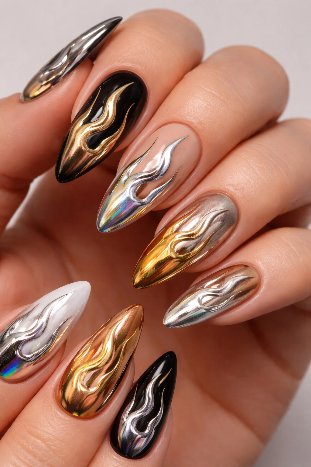 Chrome and metallic flame nail art with reflective finish
