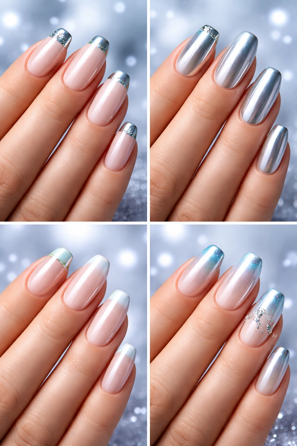 Hands showing chrome French manicure variations with silver tips, vanilla glaze, and blue tips