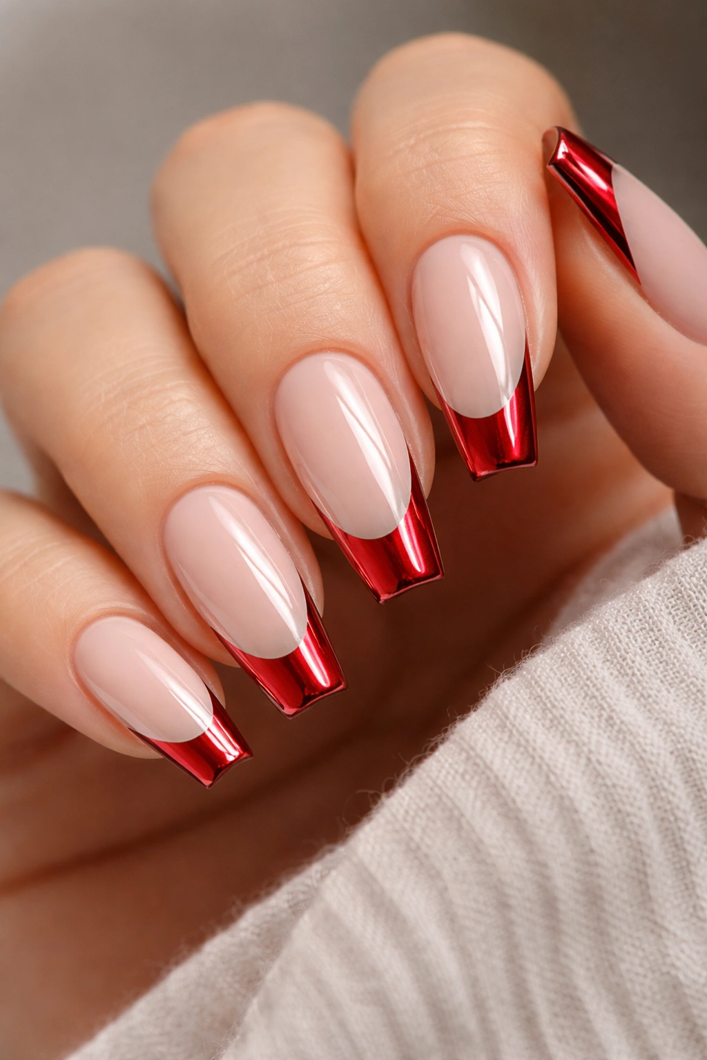 Red chrome tip on milky nude base nails with reflective finish