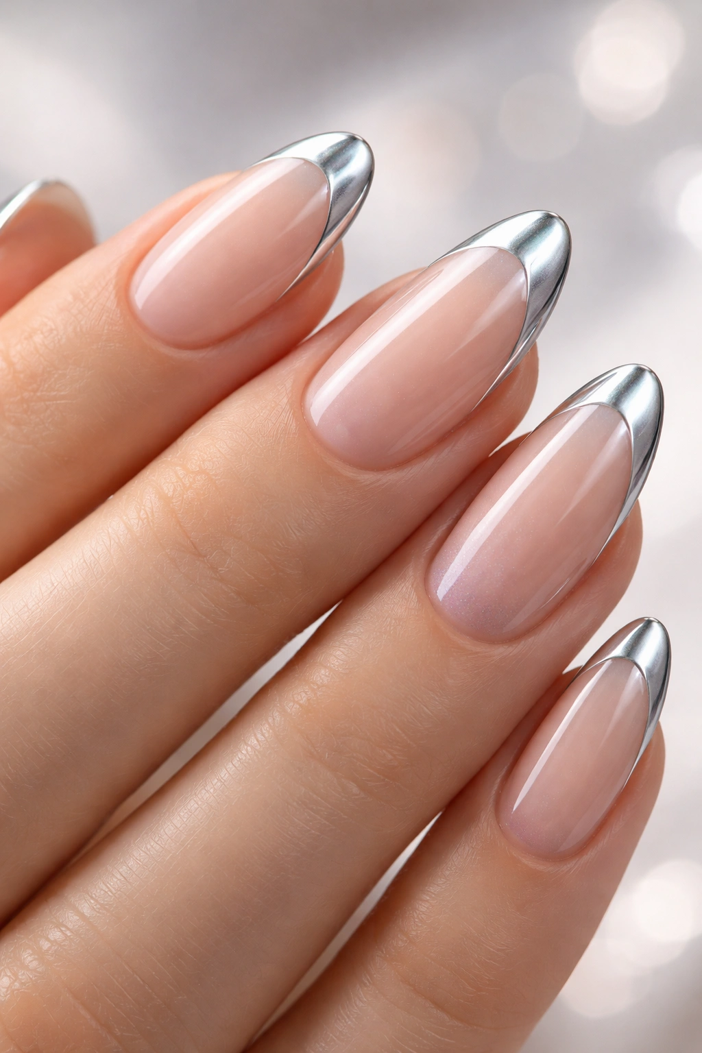 Nude nails with chrome silver tips in a French mani