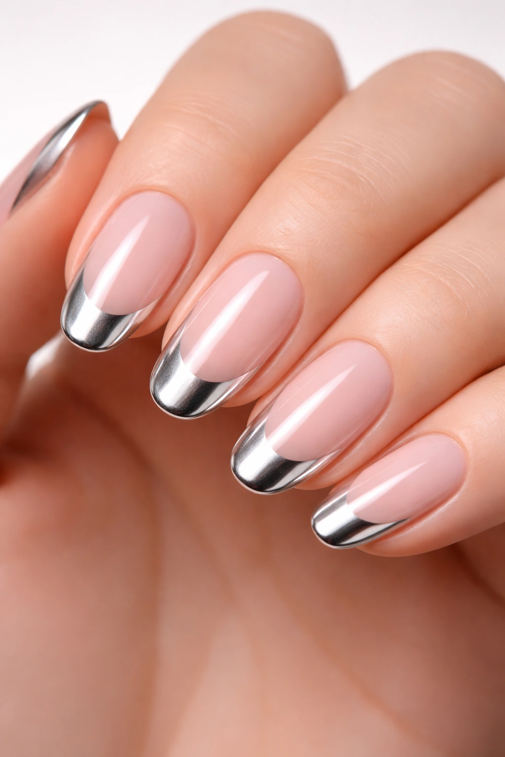 Close-up of chrome French tip nails with metallic tips.