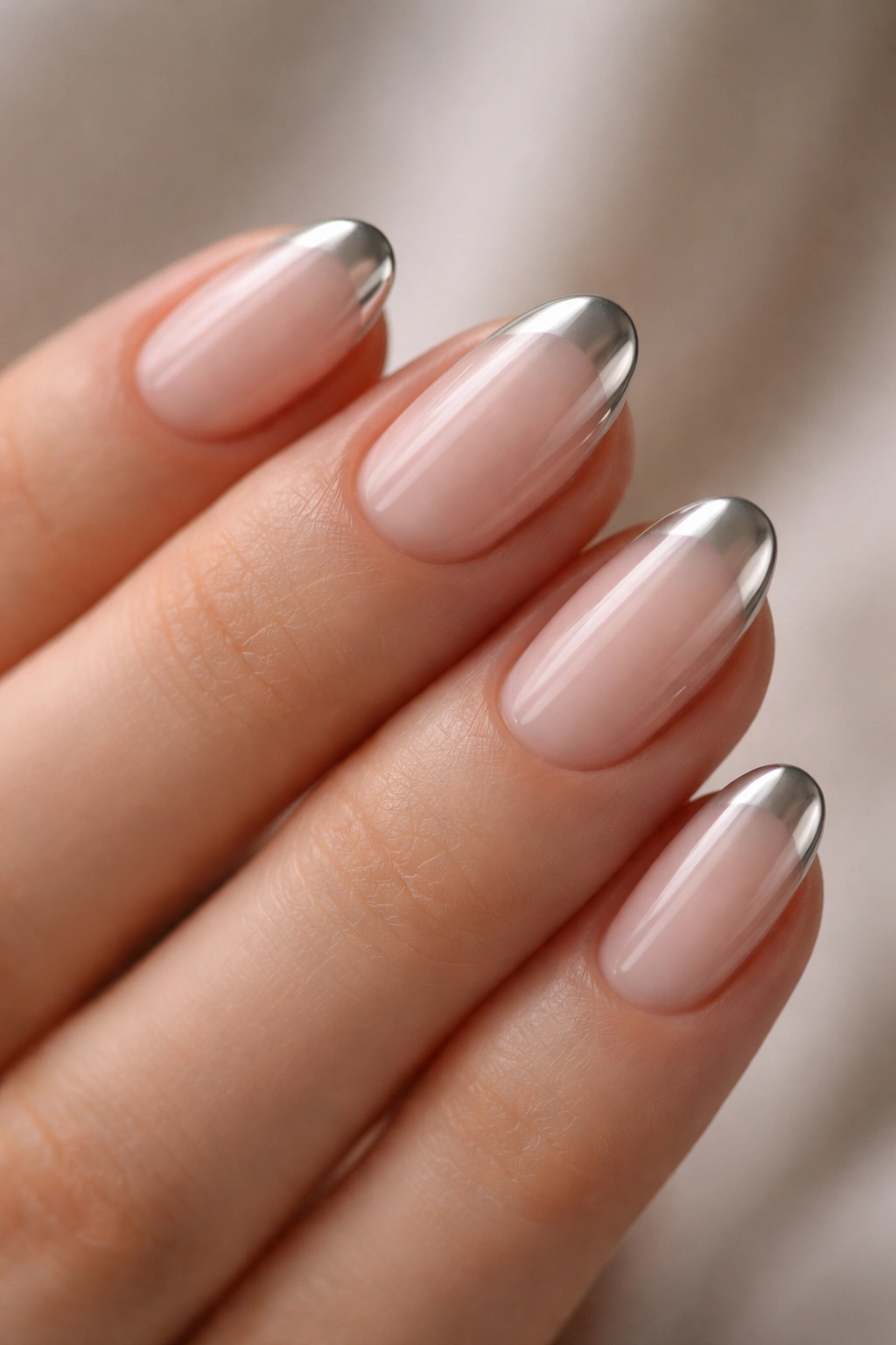 Close-up of short almond nails with chrome-tipped tips for a soft shine