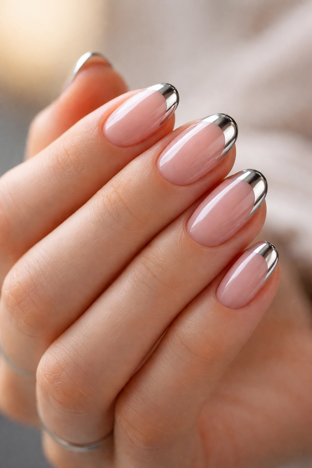 Close-up of short oval nails with chrome French tips on a pink base