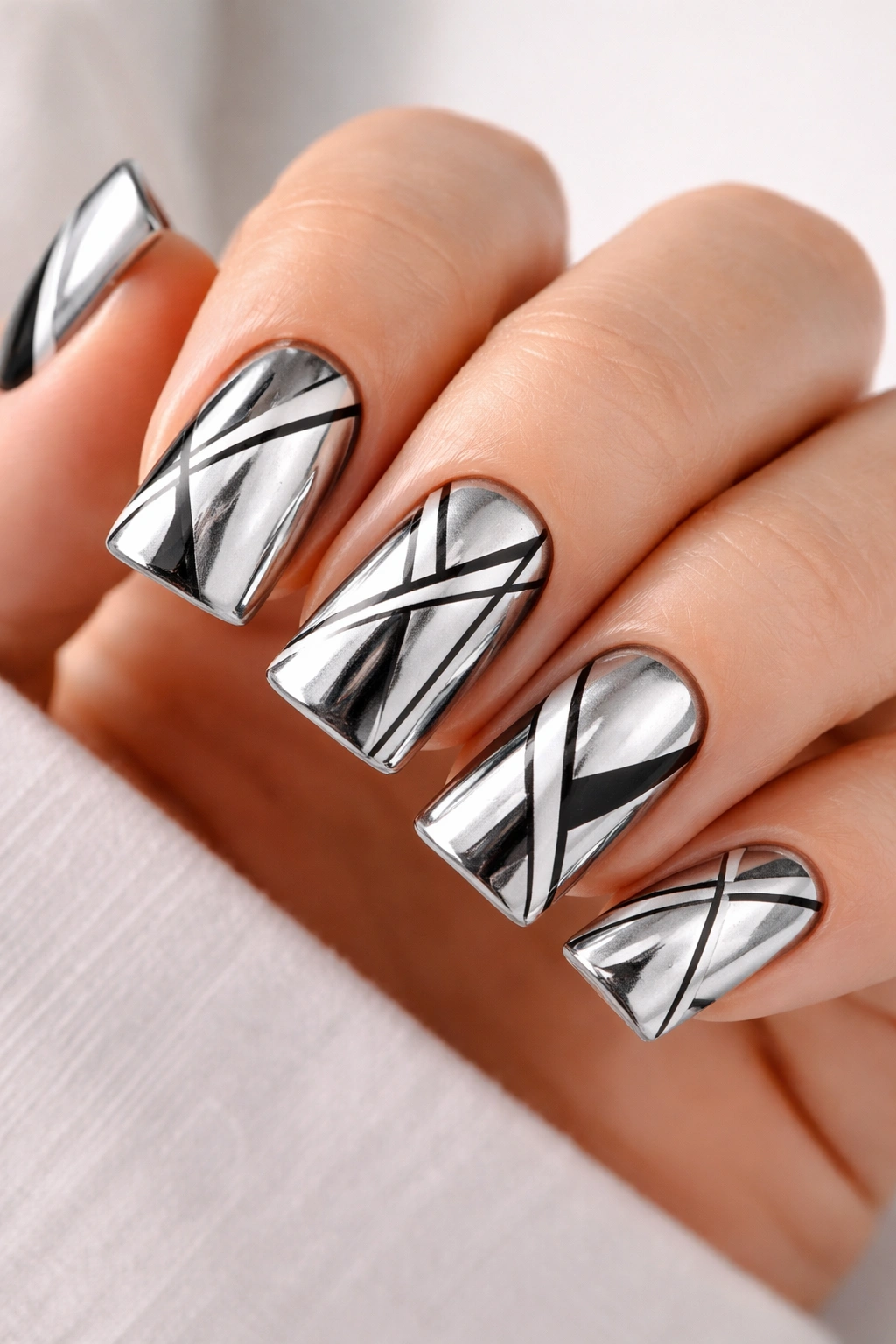 Short duck nails featuring chrome base with crisp geometric line work