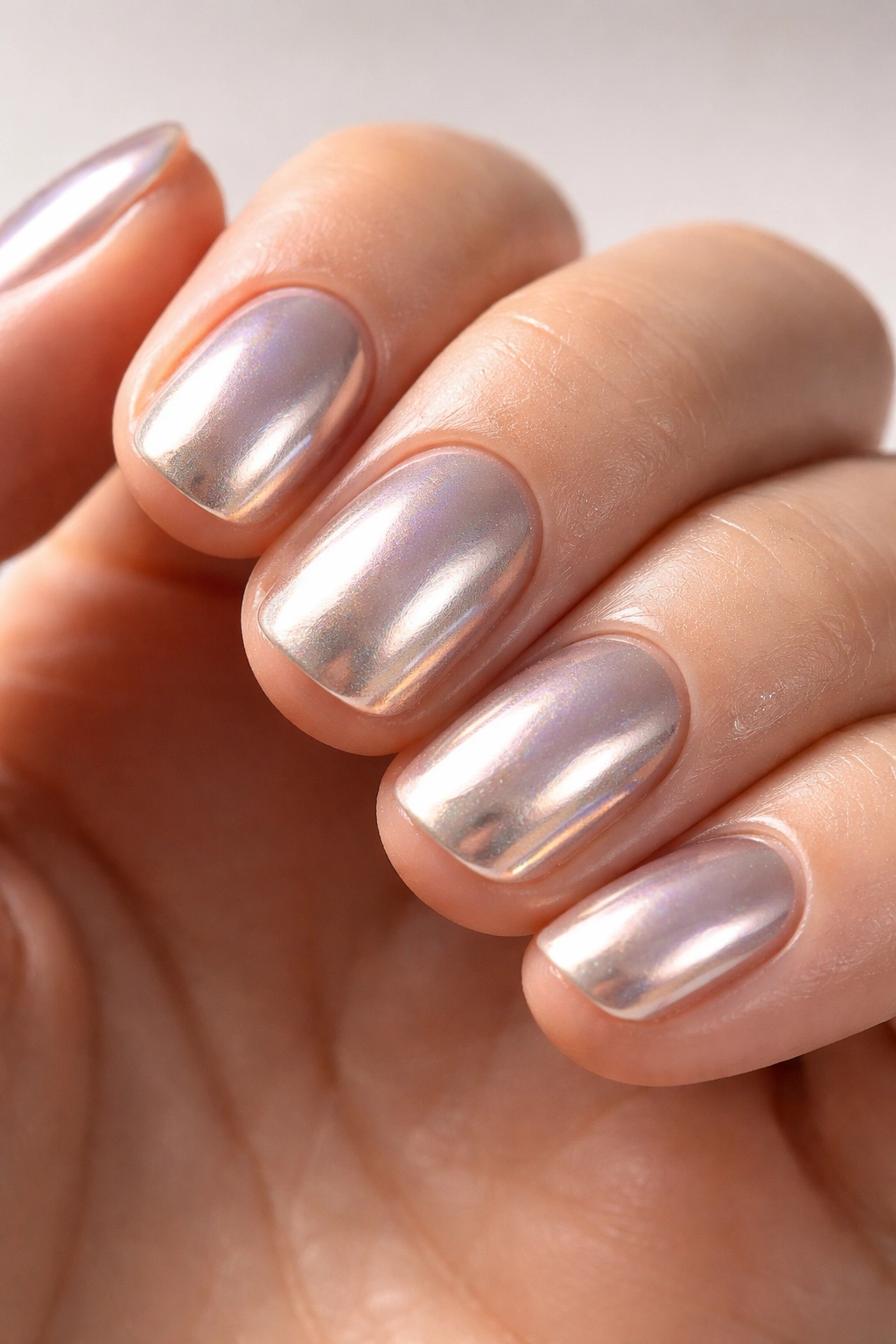 Short nails with chrome metallic finish reflecting light