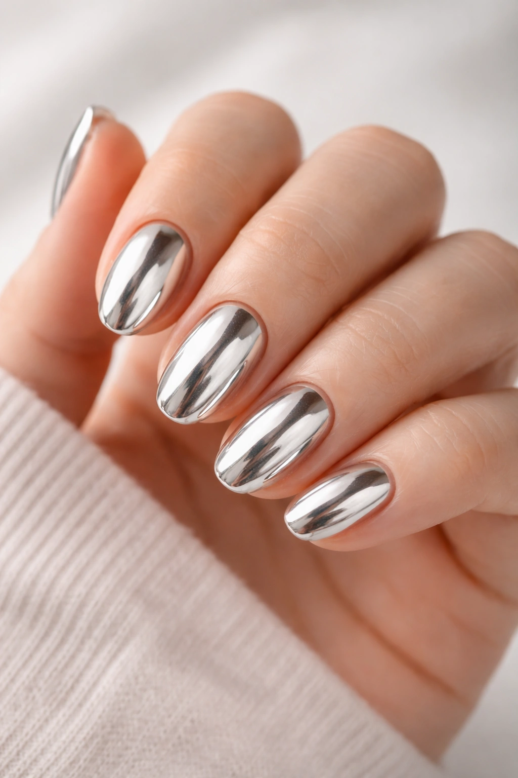 Close-up of short oval acrylic nails with chrome glaze finish on silver nails