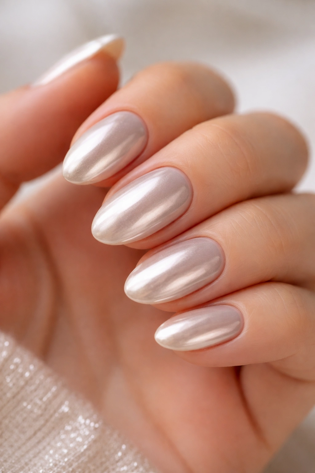 Short almond nails with soft chrome glaze finish