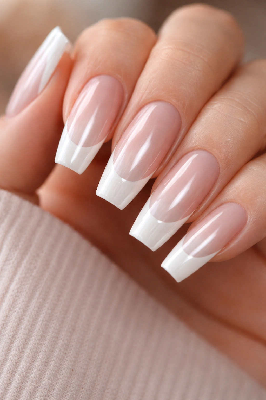 Close-up of nails with white French tips and soft chrome glaze on nude base