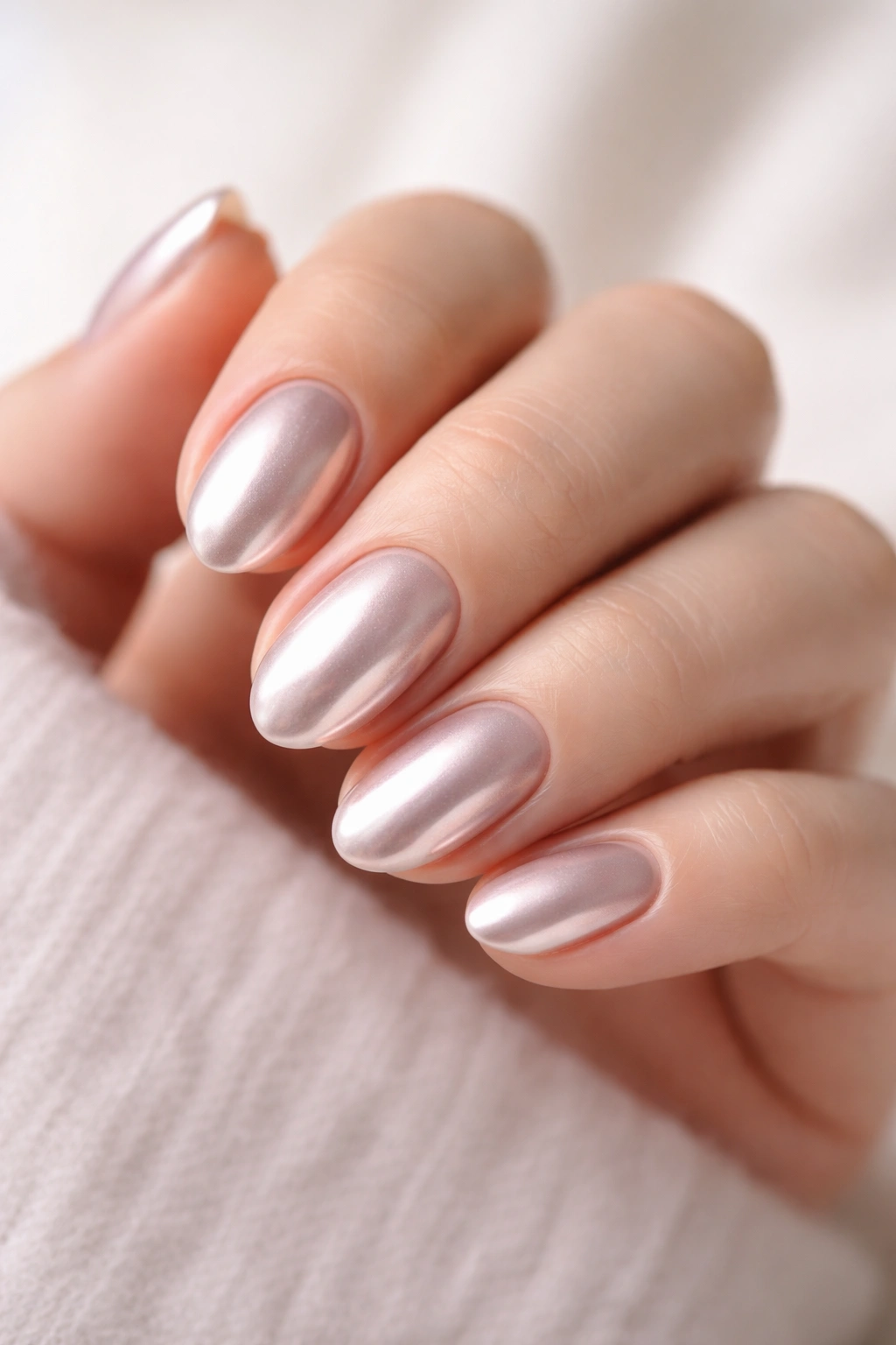 Close-up of ultra-short almond nails with a glossy chrome glaze