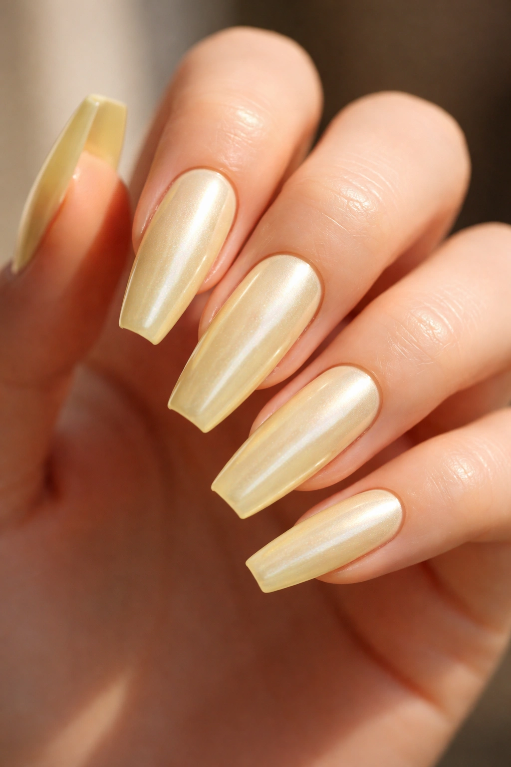Chrome glazed yellow ballerina nails with pearly reflective finish
