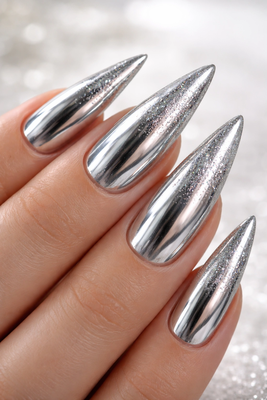 Close-up of chrome glitter hybrid stiletto nails