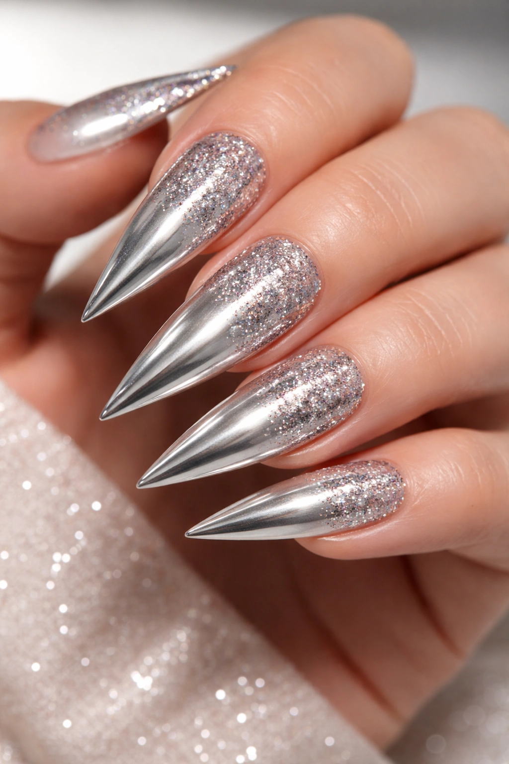 Stiletto nails with chrome ombre to glitter transition.