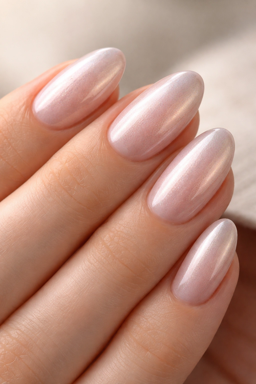 Close-up of short almond nails with subtle chrome glow
