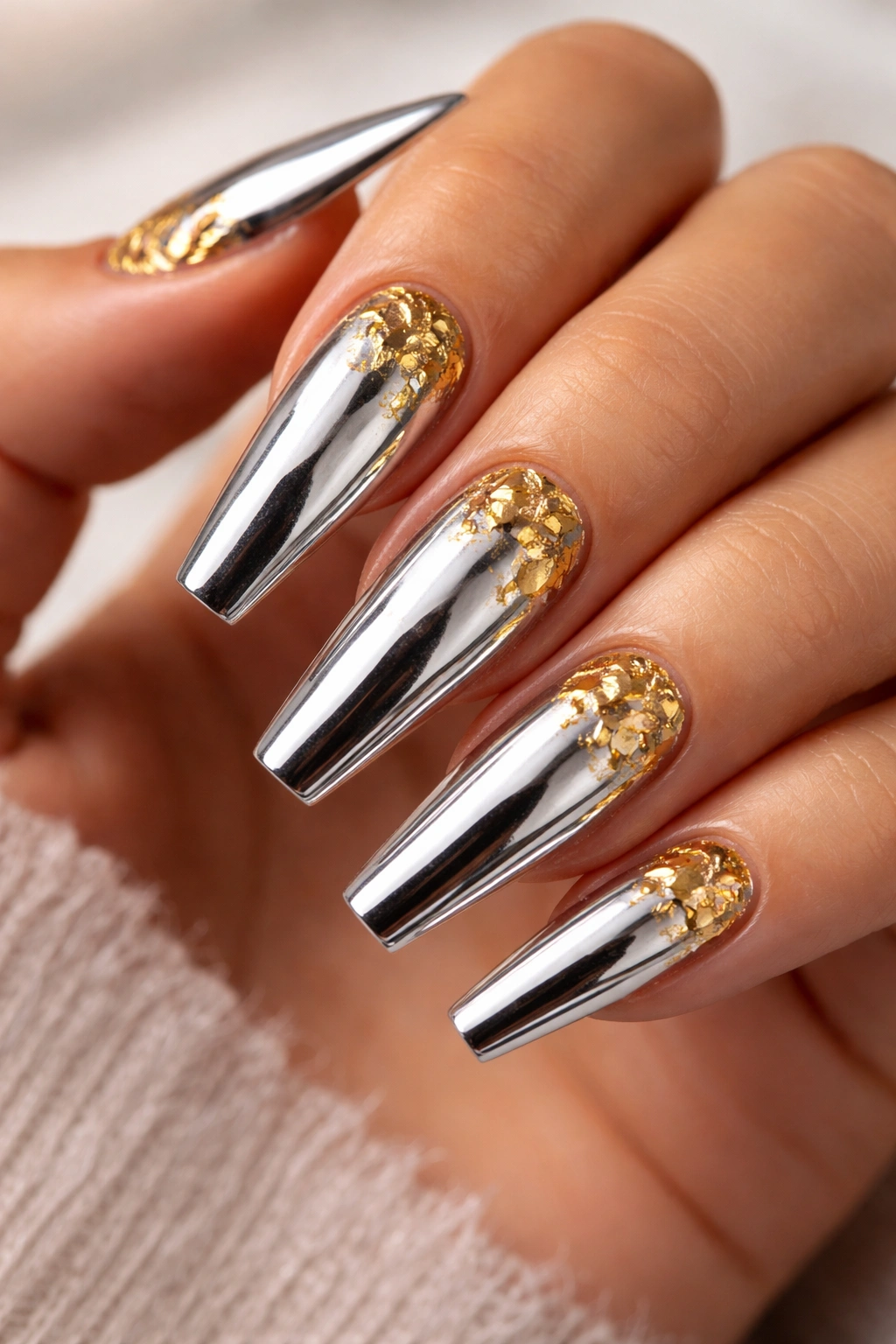 Chrome coffin nails with embedded gold foil accents