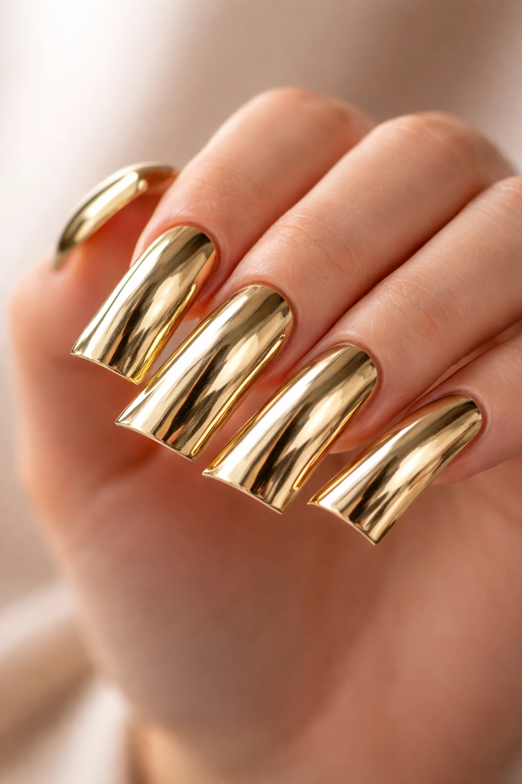 Long curved duck nails with chrome gold mirror finish reflecting light