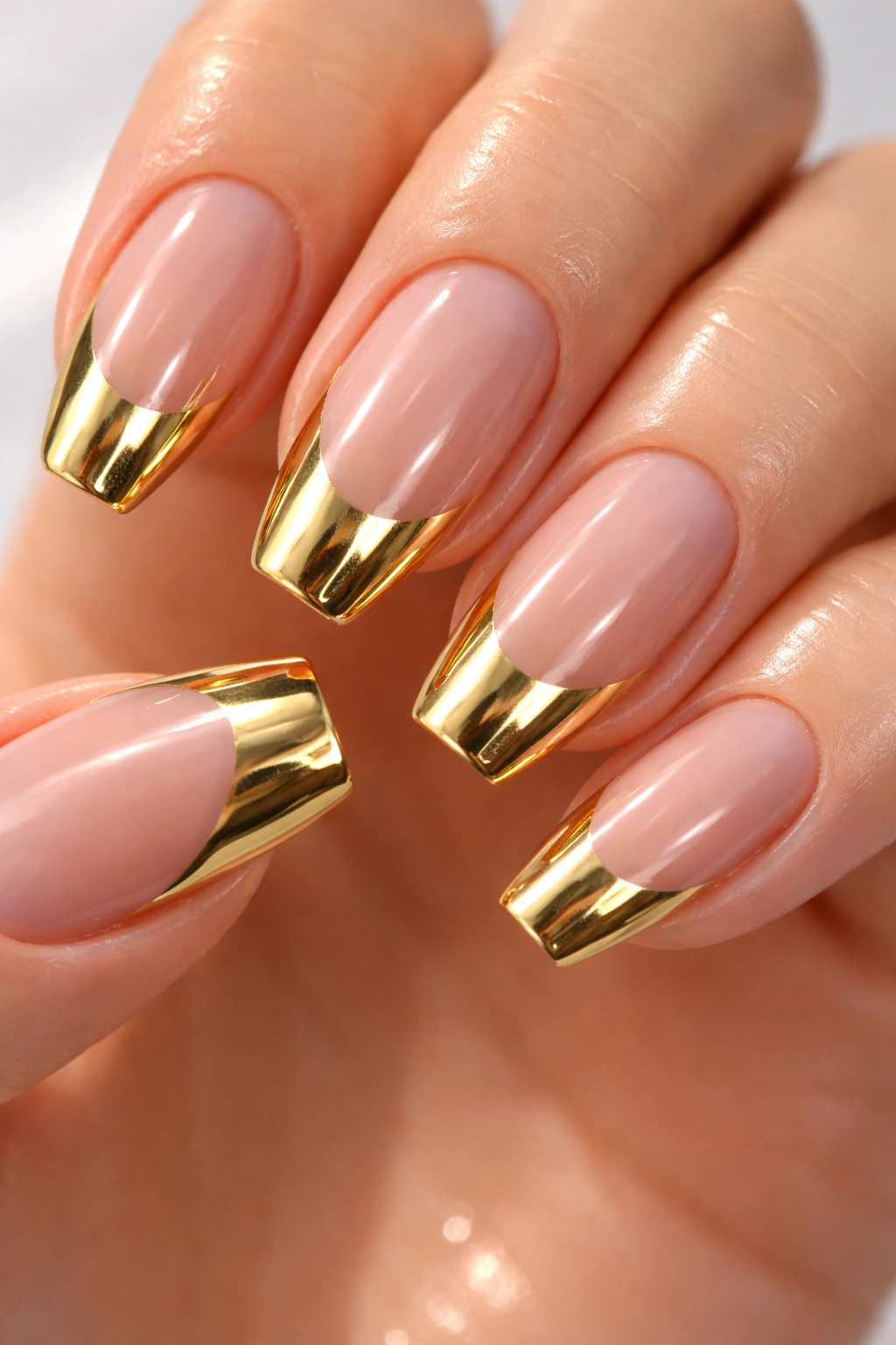 Close-up of nails with chrome gold tips reflecting light