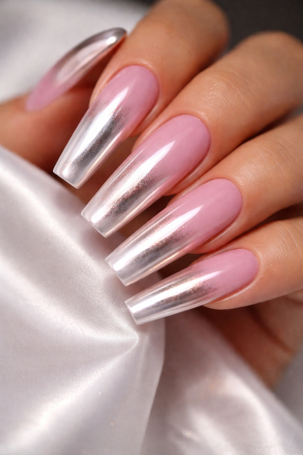 Close-up of long coffin nails with chrome metallic gradient on pink-white base