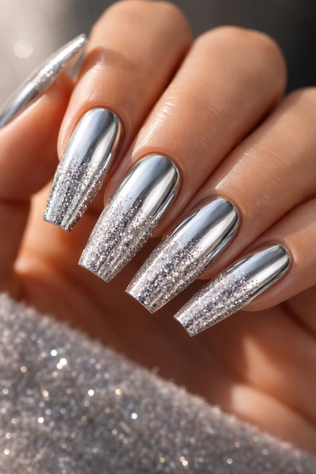 Close-up of coffin nails with chrome base fading into glitter at tips