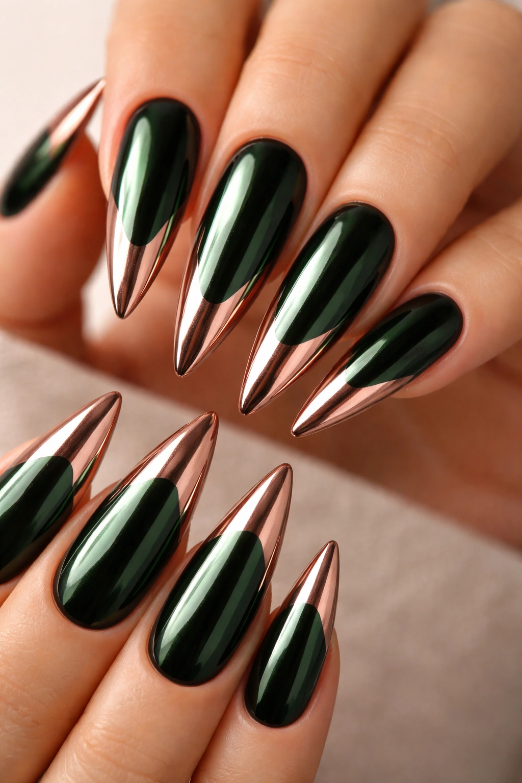 Stiletto nails with chrome dark green base and rose gold tips