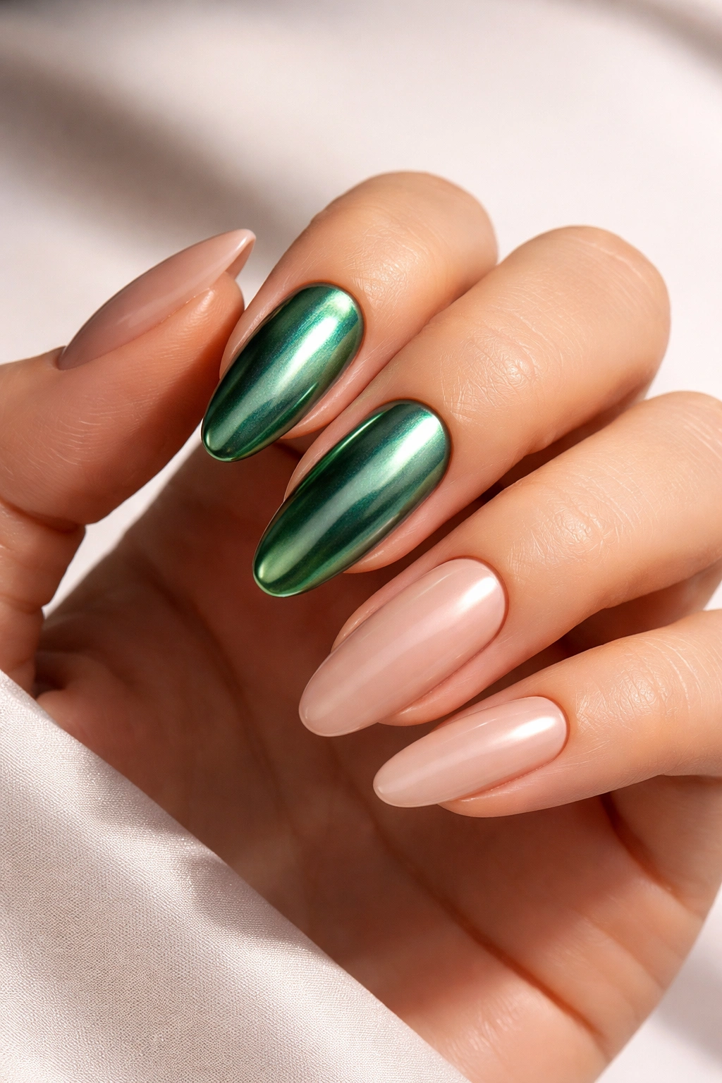Close-up of chrome green and nude nails with reflective finish