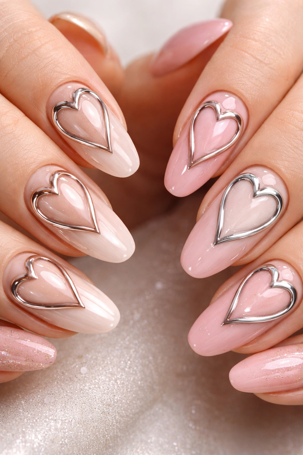 Nails with chrome heart outlines on a light base