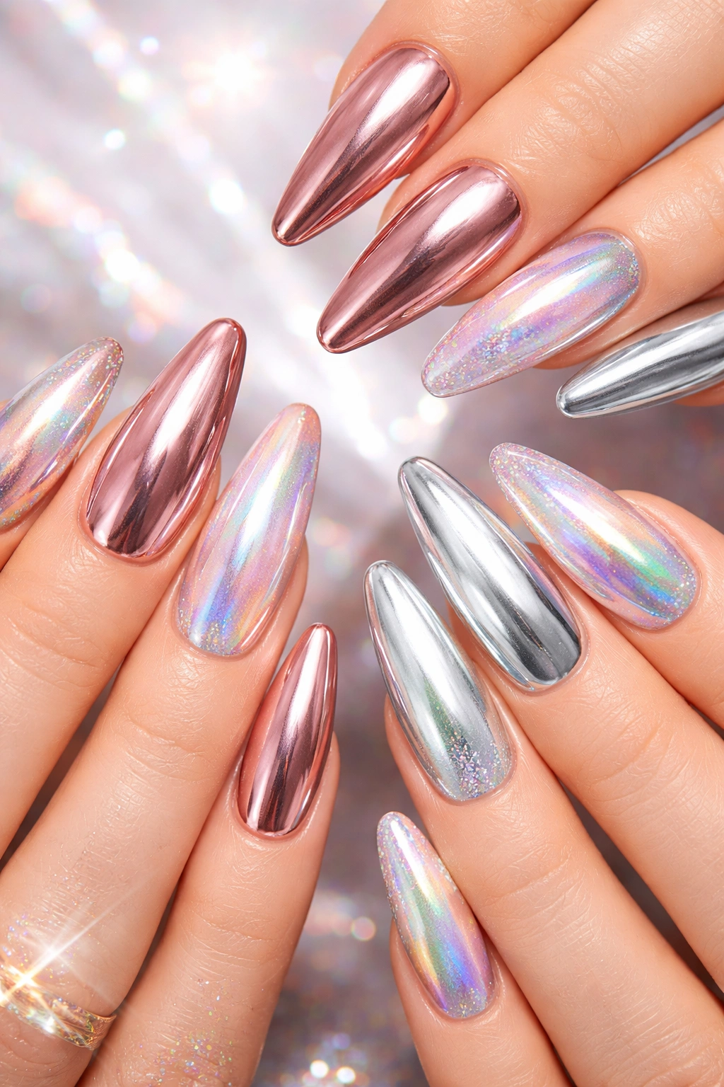 Long nails with chrome and holographic finishes