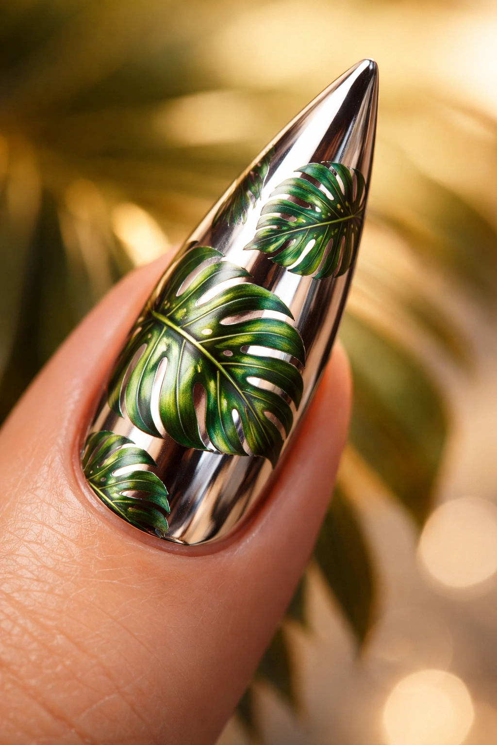 Stiletto nail with chrome base and green monstera leaf overlay