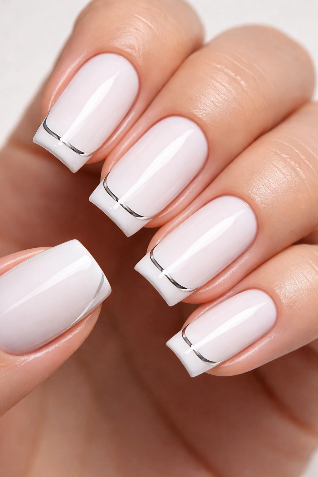 Close-up of nails featuring a thin chrome line along the edge