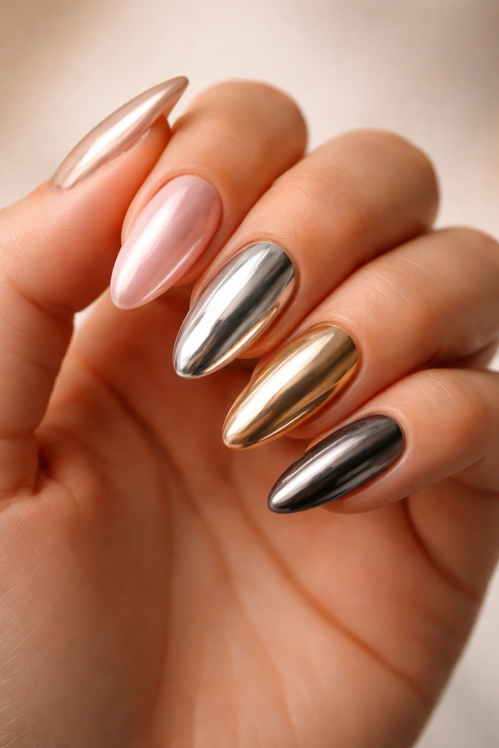 Hand with varied chrome almond nails suggesting choosing a look