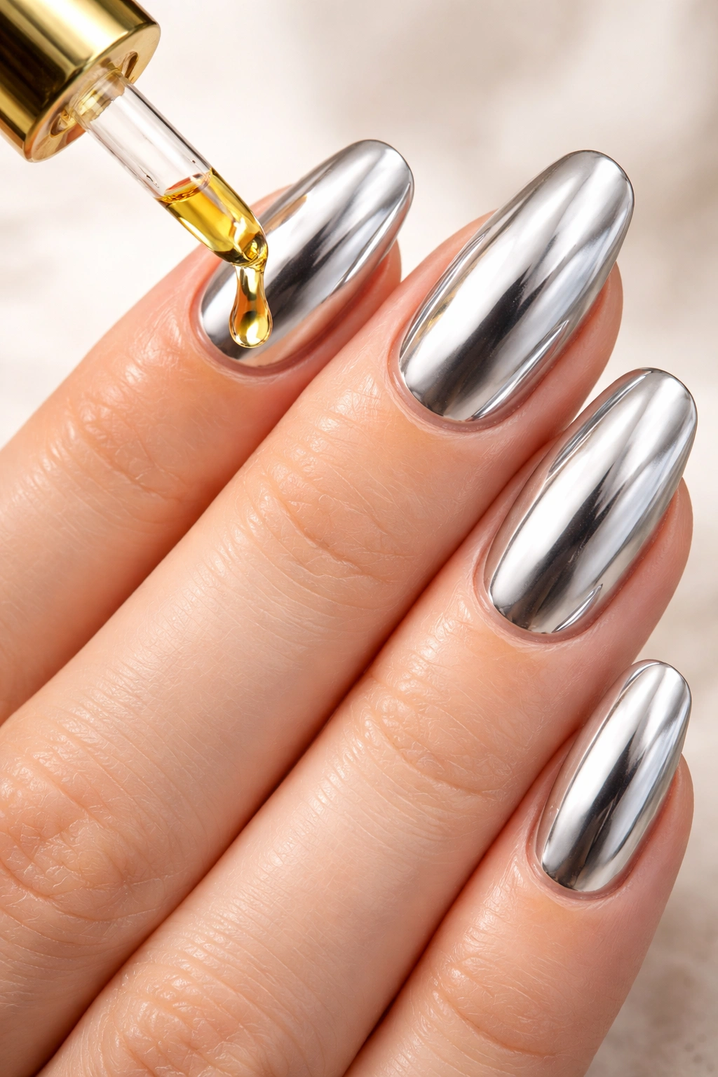 Hand with glossy chrome nails applying cuticle oil for maintenance