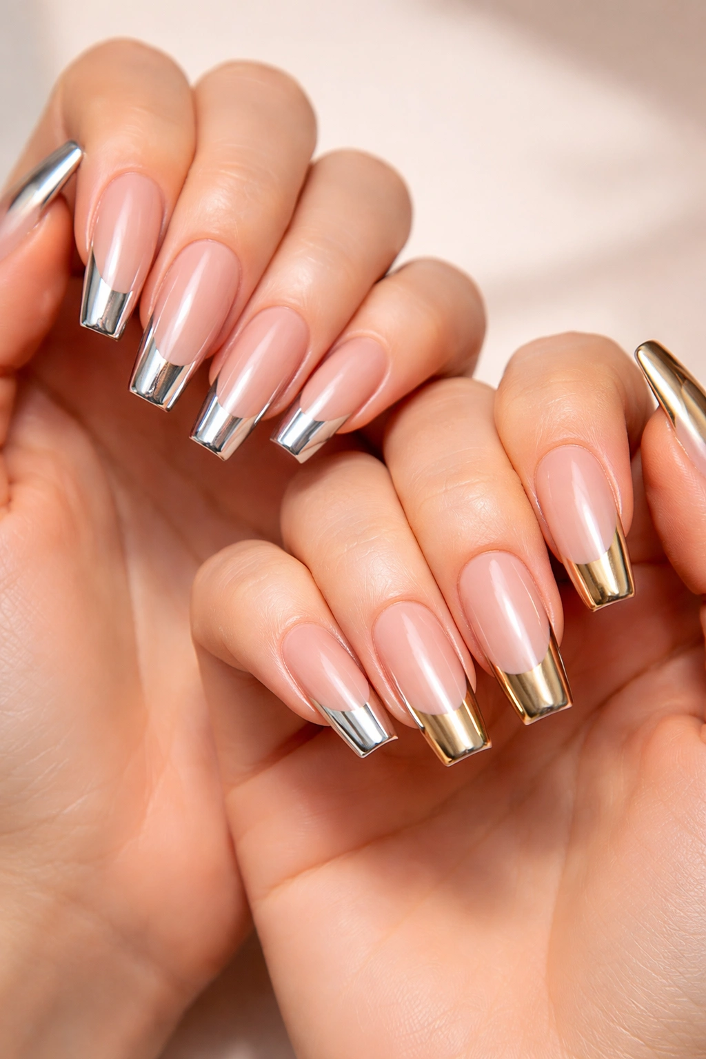 Coffin nails chrome French tips reflecting light