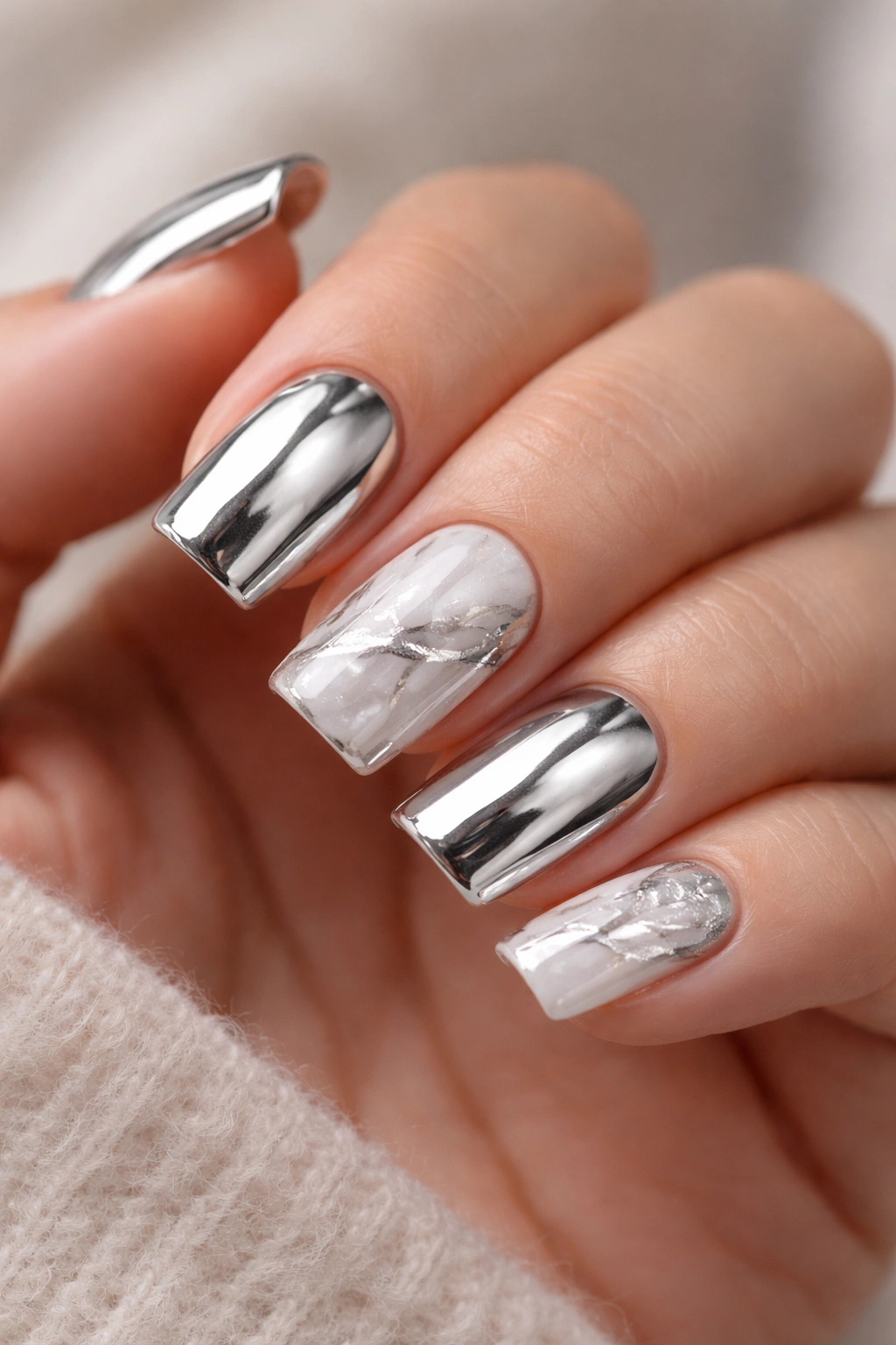 Close-up of short nails with chrome and marble veining accents