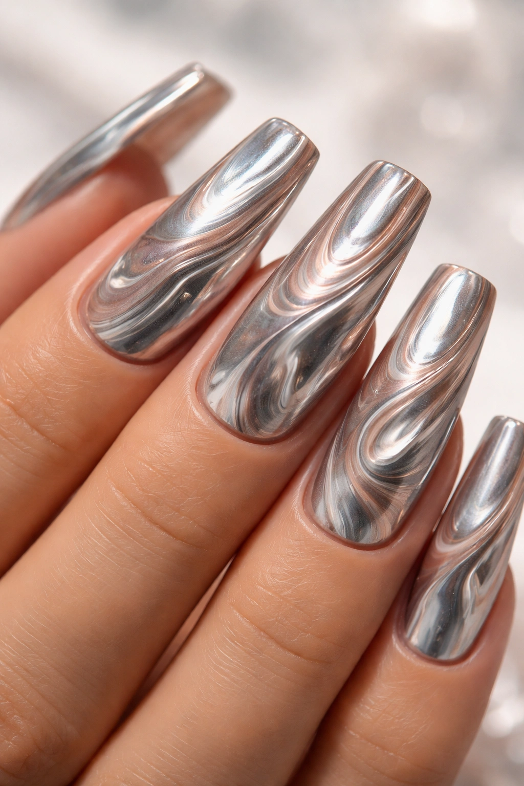 Close-up of coffin nails with marble-like chrome swirls