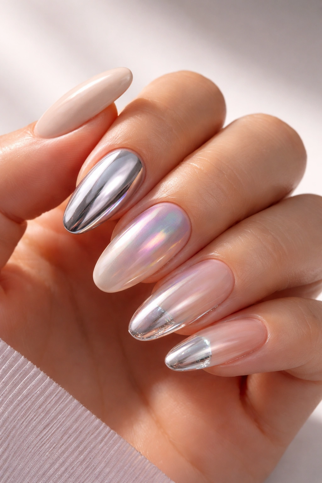 Hand with chrome nails paired with matte and jelly finishes to illustrate trend mixing