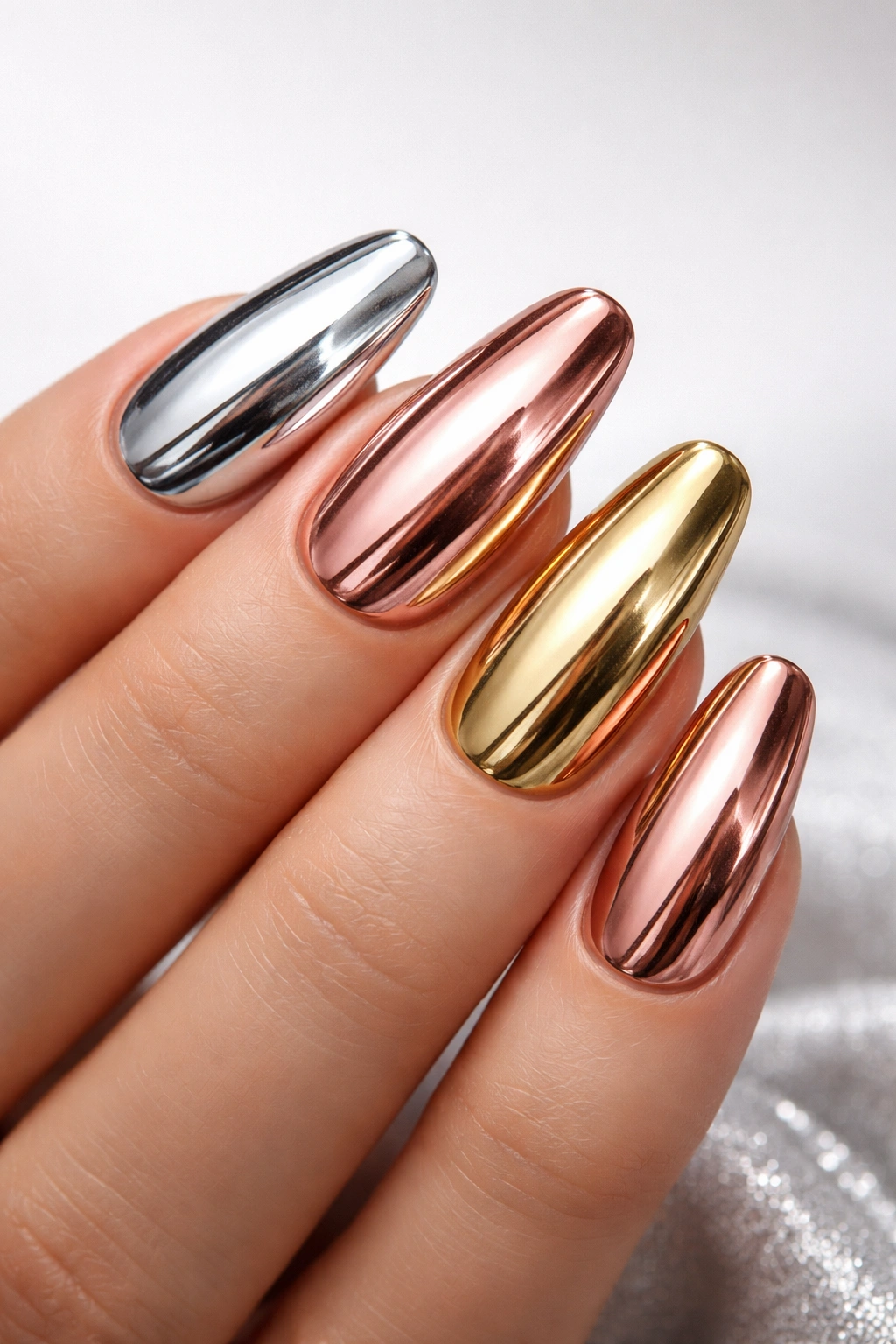 Close-up of chrome metallic nails reflecting light