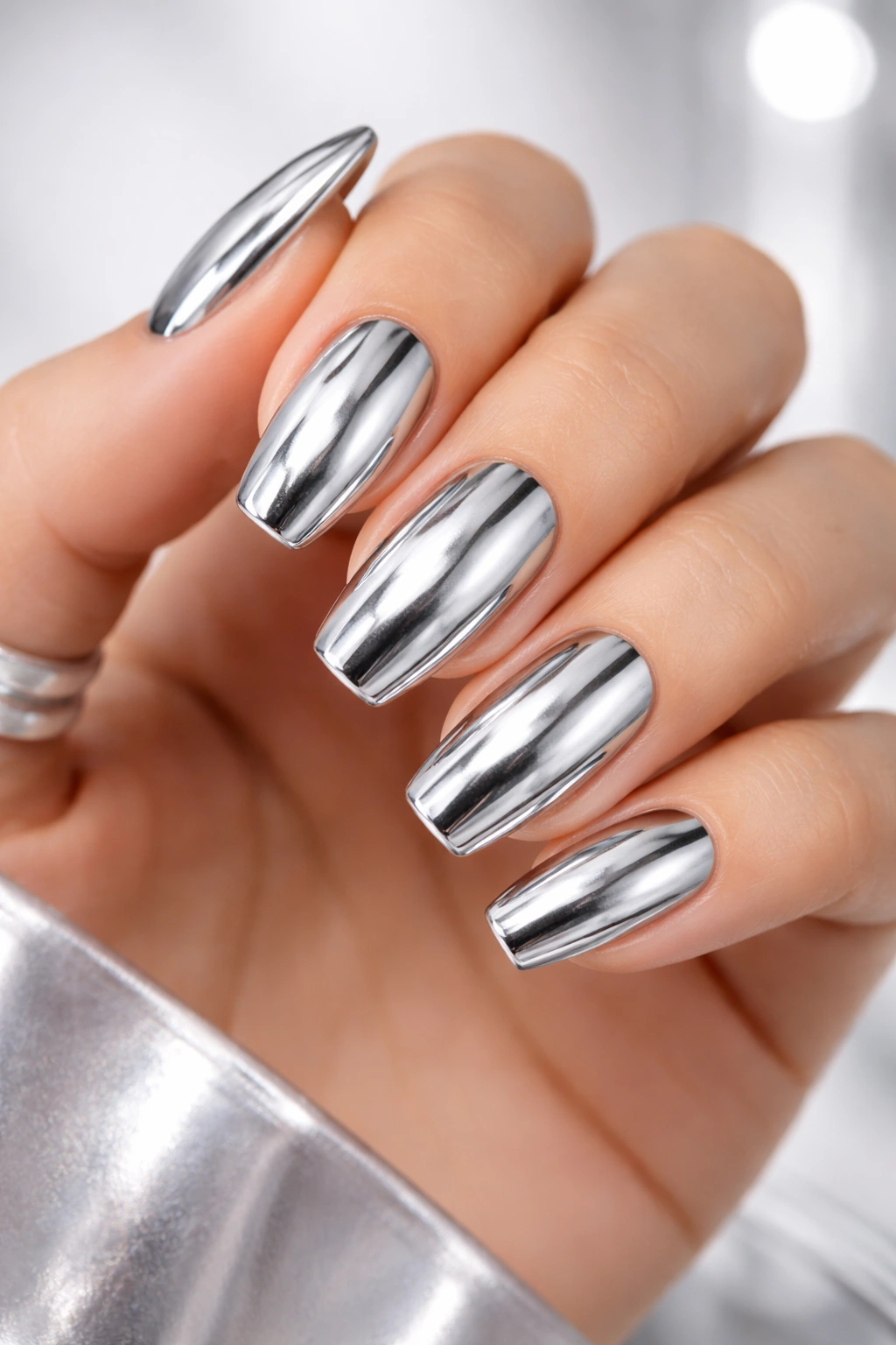 Hand with chrome mirror-like press-on nails