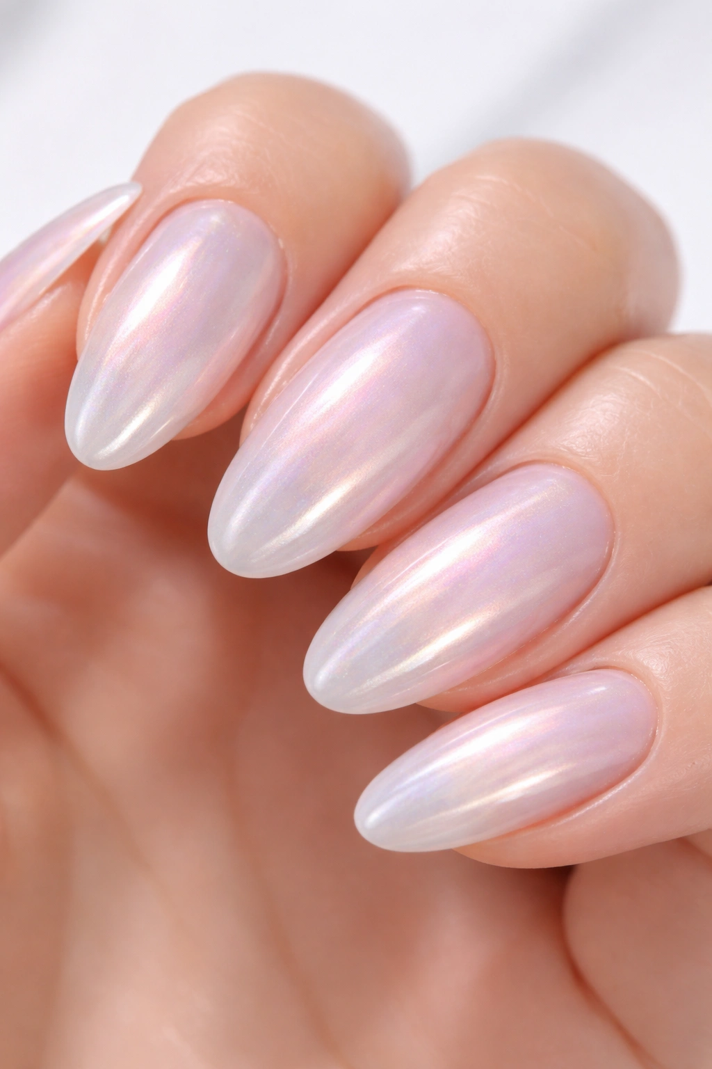 Close-up of chrome milk bath nails with pearlescent finish
