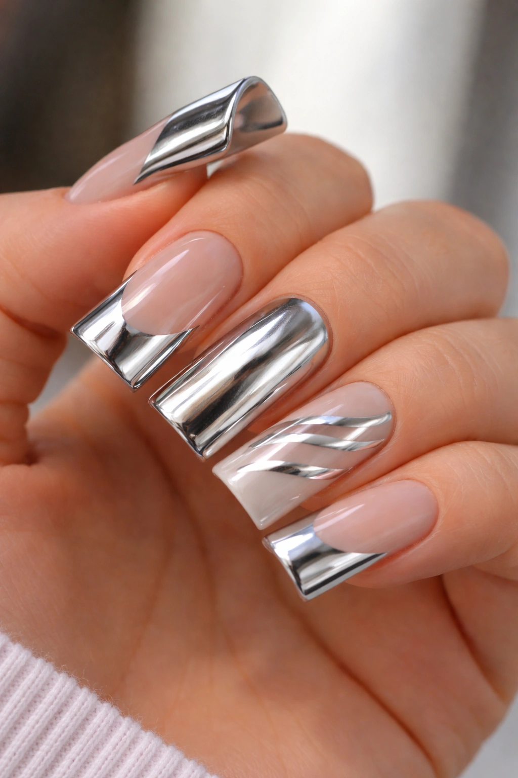 Wide duck nails with chrome mirror finish accents